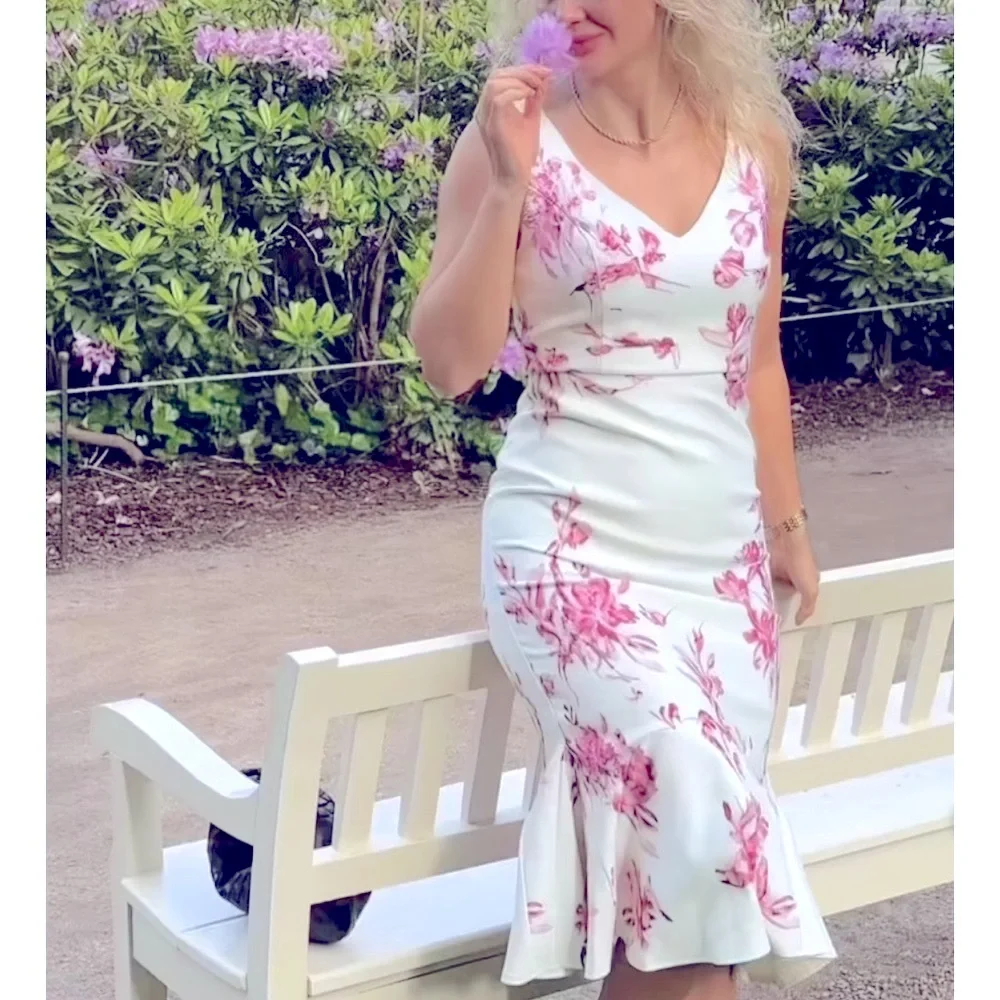 FEHAUTE Pink Floral Mermaid Skirt V Neck Sleeveless Mermaid Midi Dress Size 4 - Picture 4 of 11